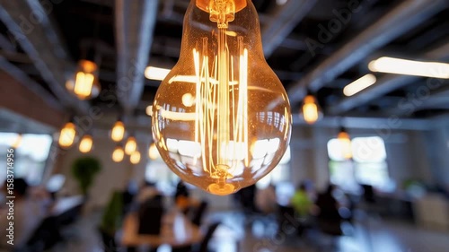 Edison Bulb Glow: A close-up shot of an Edison bulb emanates a warm glow, suspended in the air, creating a vintage ambiance in a modern office space.