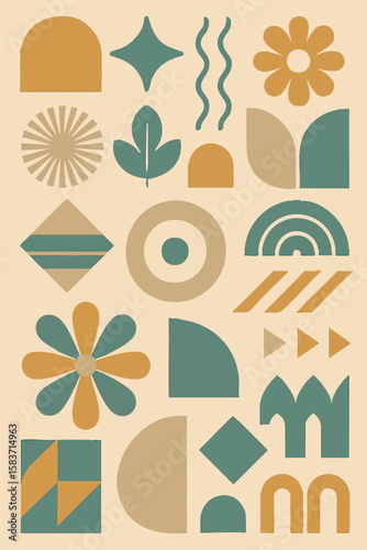 Flat vector retro abstract shapes in muted mustard and teal palette