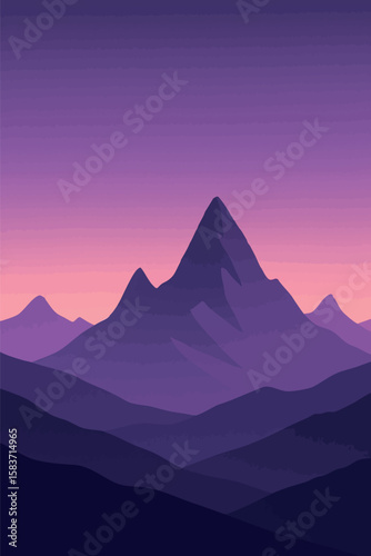 Flat vector scene of purple twilight over pointed mountain peaks, soft gradients, simple silhouette