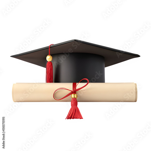 Graduation Cap and Diploma on Transparent Background