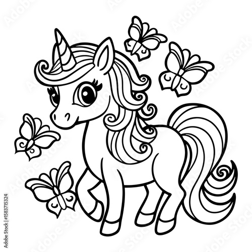 Unicorn Surrounded by Butterflies Coloring Page