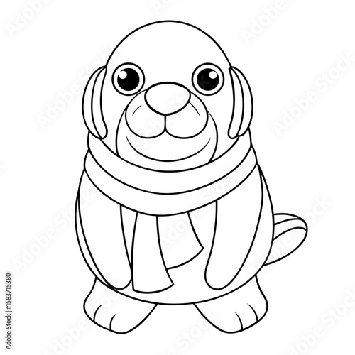Walrus with Earmuffs and a Scarf Coloring Page