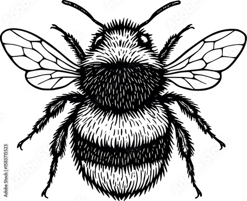 Line art vector of bumblebee with hairy texture and small wings, black outline, isolated on white