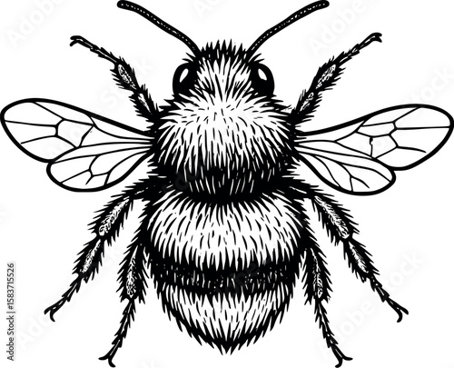Line art vector of bumblebee with hairy texture and small wings, black outline, isolated on white