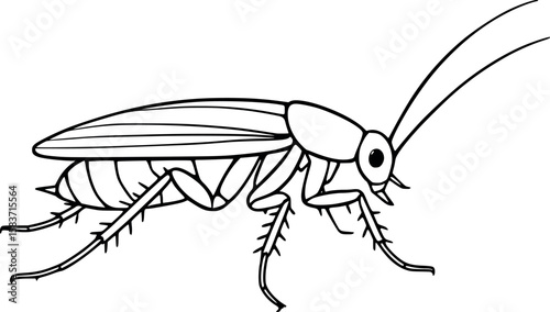 Line art vector of cockroach with legs splayed out, side view and antennae extended, isolated on white