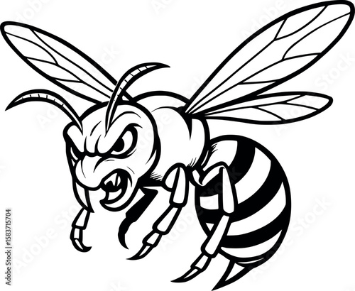 Line art vector of hornet with thick thorax and aggressive face, black ink lines, isolated on white