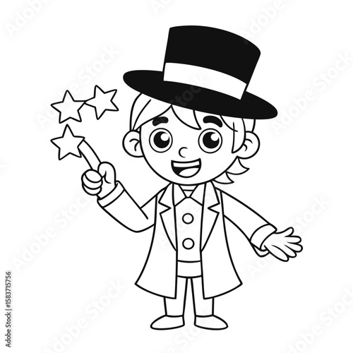Little Boy Wearing a Magician's Hat Performing a Magic Trick Coloring Page