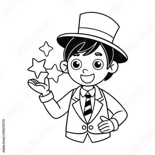 Little Boy Wearing a Magician's Hat Performing a Magic Trick Coloring Page