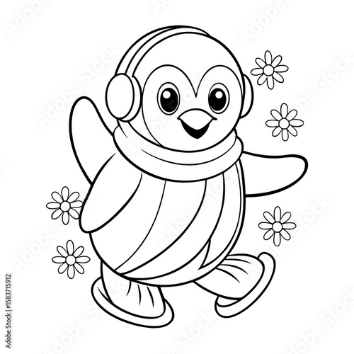 Penguin Wearing Earmuffs and Scarf Sliding on Ice Coloring Page