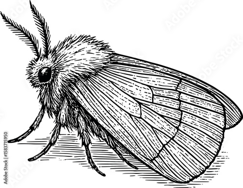 Line art vector of moth with fuzzy body and folded wings, etching style, isolated on white