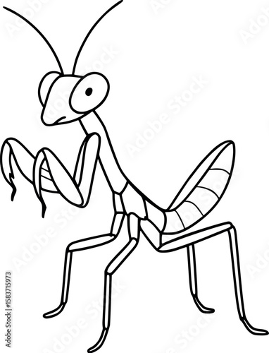 Line art vector of praying mantis nymph with tiny limbs and upright stance, isolated on white