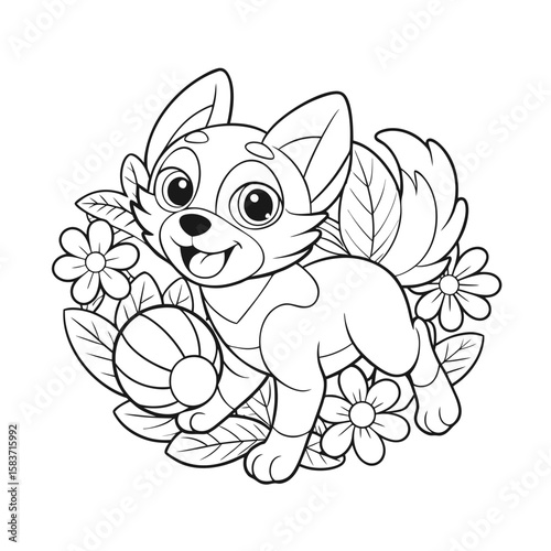 Puppy Playing with a Ball in a Garden with Flowers Coloring Page