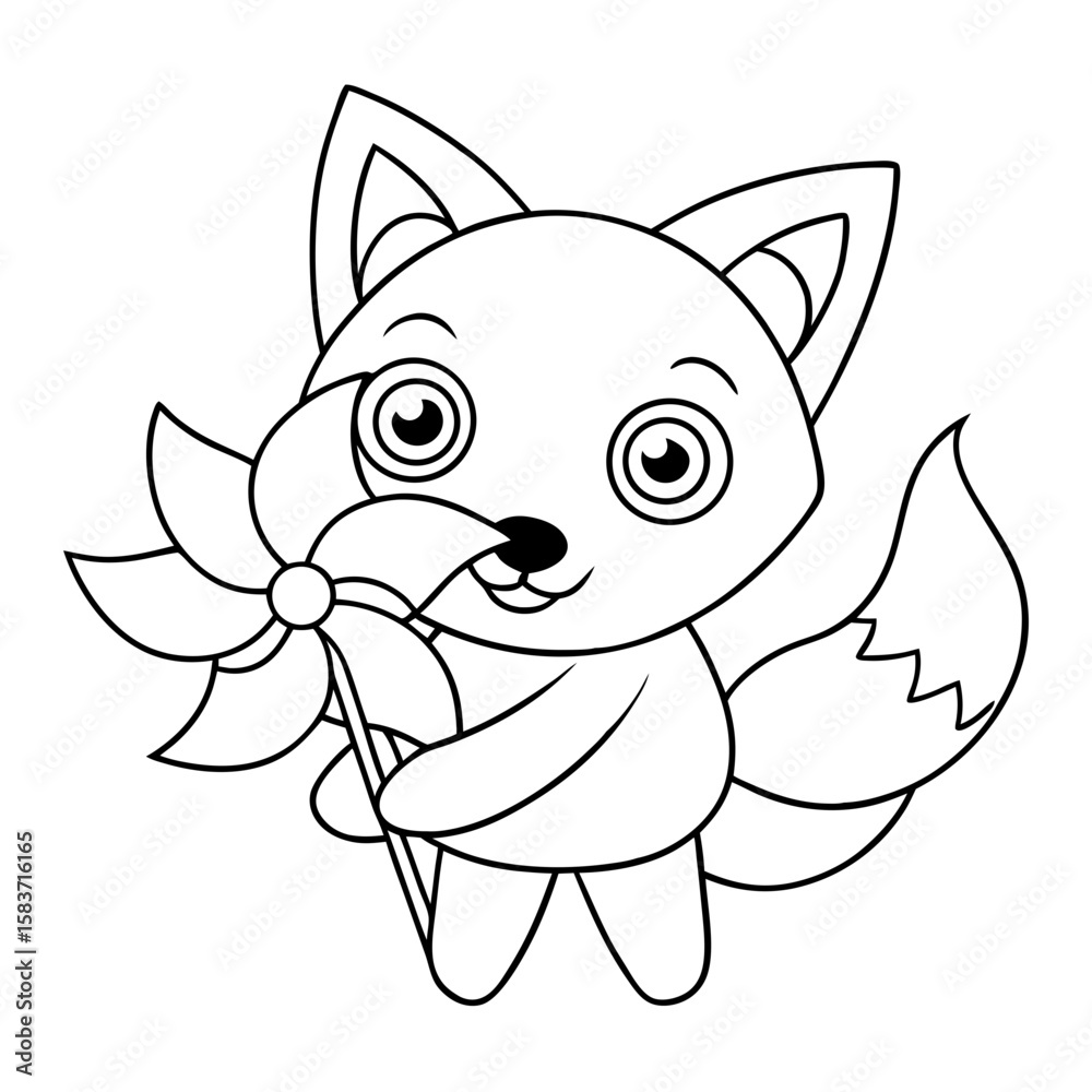Naklejka premium Baby Fox Blowing a Pinwheel Coloring Page