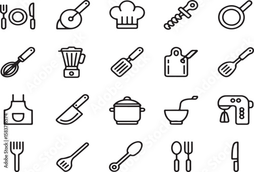 Collection of kitchen utensils and tools black and white outline icon set for cooking purposes