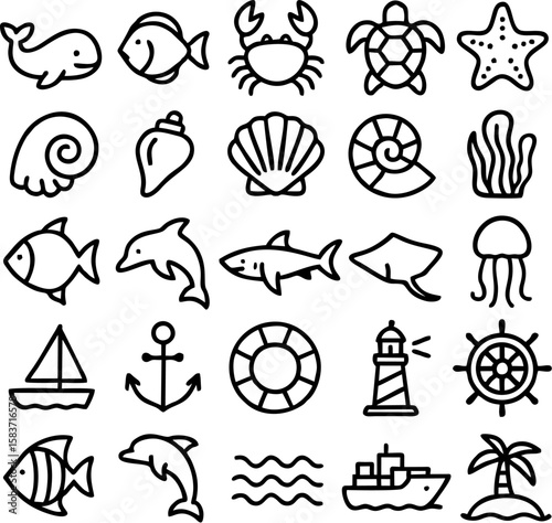 Colorful Sea Animals Vector Icon Set featuring fish, dolphin, whale, turtle, jellyfish, crab, starfish, and octopus—great for kids, education, and marine themes.

