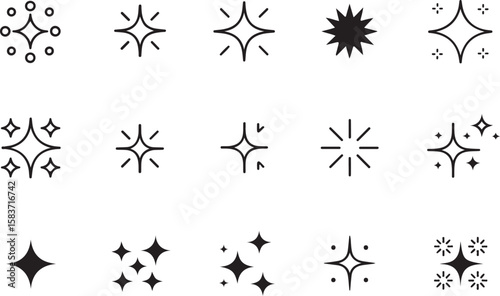 Collection of simple sparkles and shining star icons in minimalist line art style