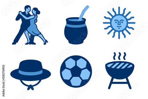 Argentinian icons in light and dark blue shades: tango, mate, sun, gaucho hat, football, barbecue. Flat cartoon style on transparent.