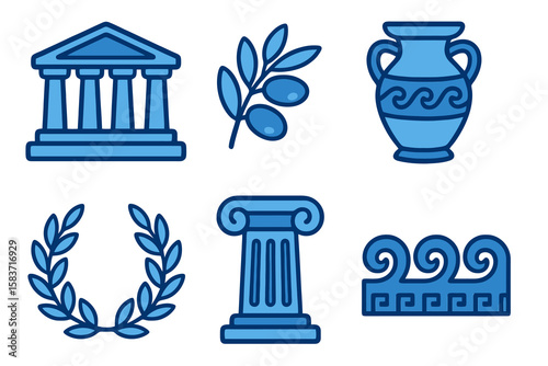 Greek icons in light and dark blue shades: Parthenon, olive branch, amphora, laurel, column, wave pattern. Flat cartoon style on transparent.