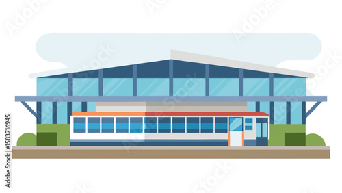 Flat Vector Illustration Modern Bus Terminal Building Light Blue Glass Facade