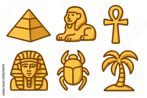 Egyptian icons in light and dark gold shades: pyramid, sphinx, ankh, pharaoh mask, scarab, palm tree. Flat cartoon style transparent.