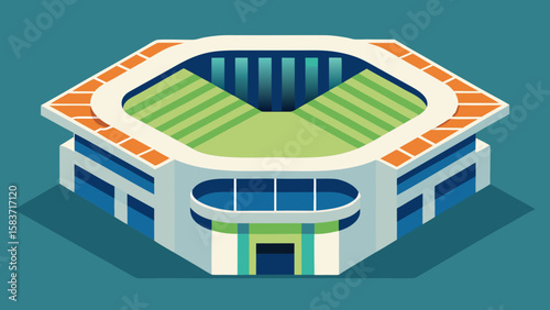 Isometric View Open Air Stadium Green Field Blue Orange White Vector Graphic