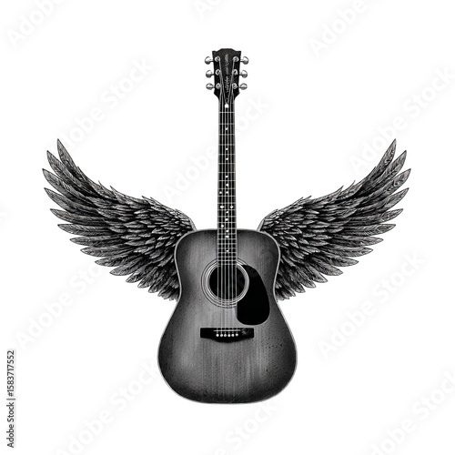 Acoustic guitar with angelic wings illustration