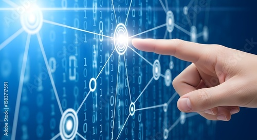 A finger touching a glowing node in a network with binary code on a blue digital background