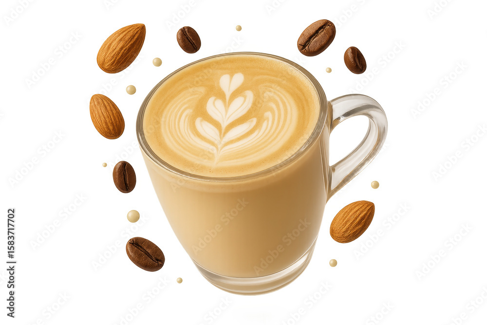 Obraz premium Almond latte with coffee beans, almonds, isolated on transparent background.