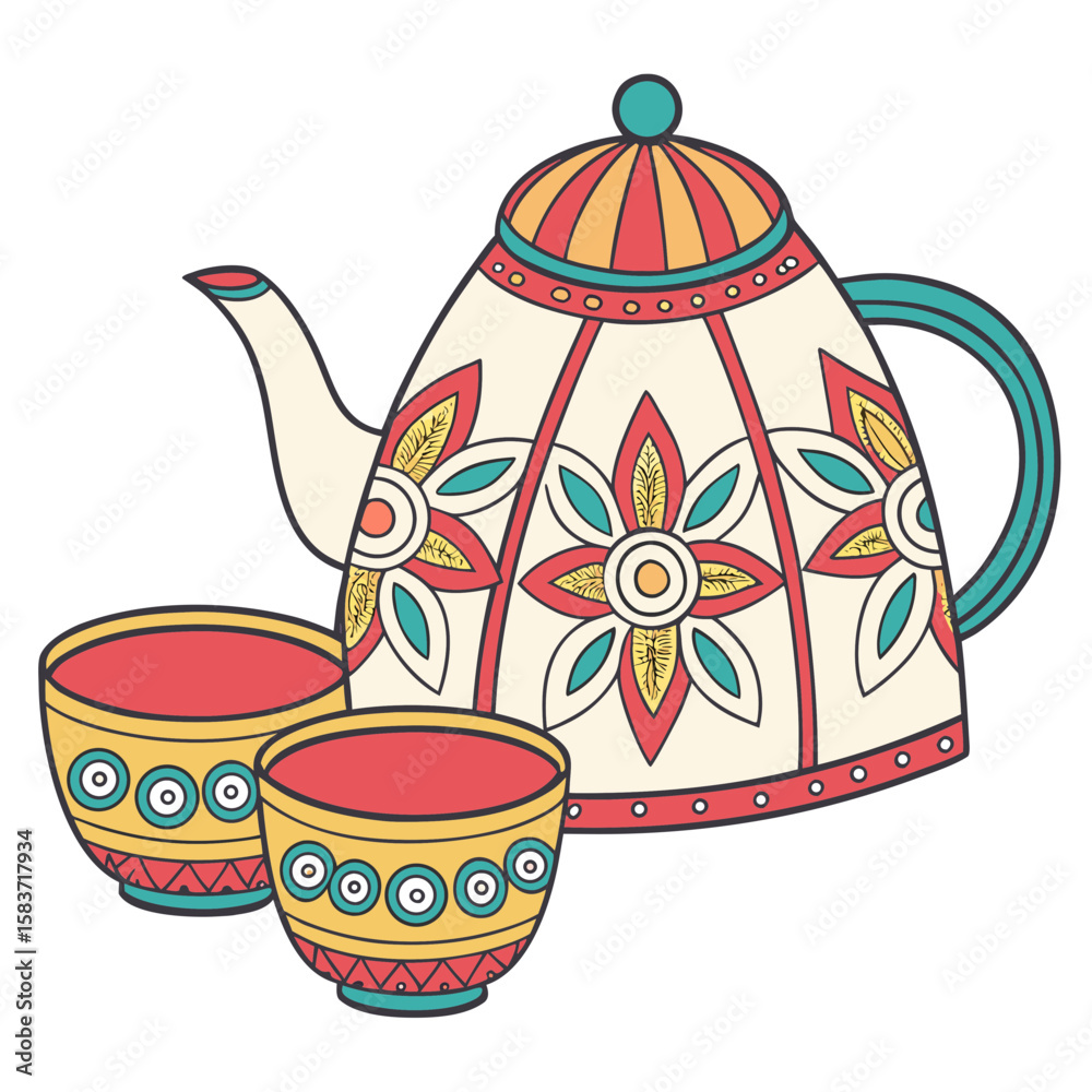 A decorative teapot with two matching cups for serving tea vector
