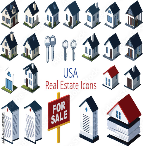 USA Real Estate Isometric Icons Set: Diverse Houses, Keys, For Sale Signs, and Property Documents for Buying and Selling Concepts