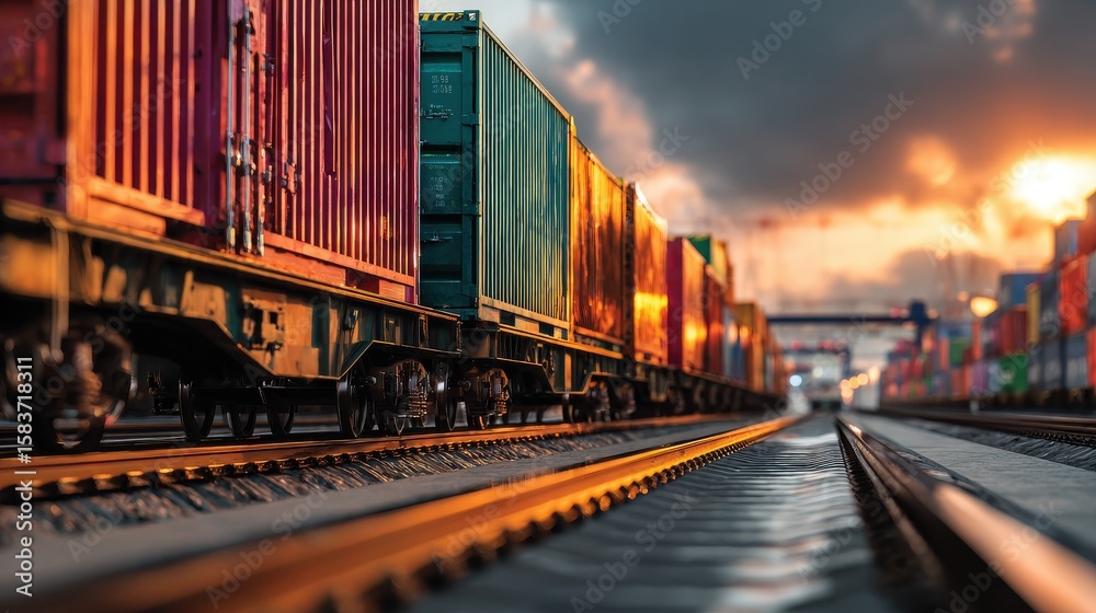 Fototapeta premium High-speed freight train carrying international shipping containers through golden hour logistics hub 