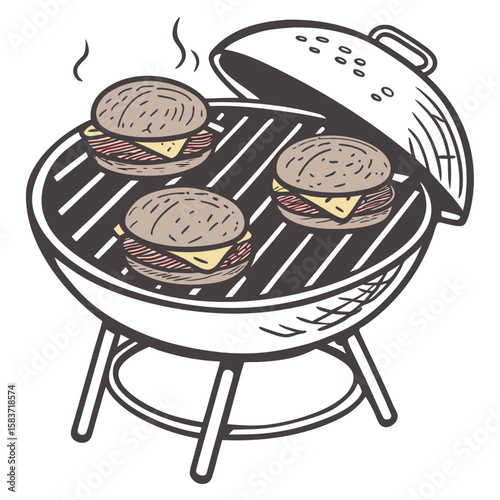 Three juicy burgers cooking on a charcoal grill with smoke rising vector