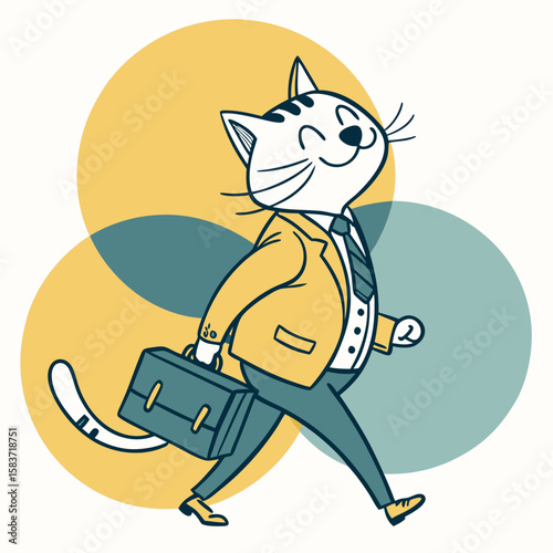 Cartoon cat walking in a suit carrying a briefcase with a smile  