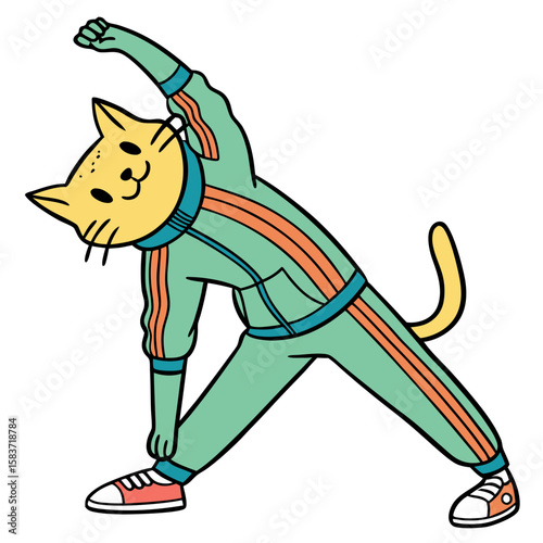 Cartoon cat stretching in sportswear with a playful expression  