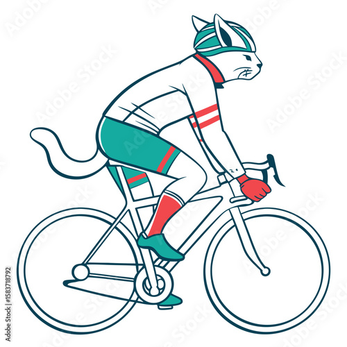 Cat riding bicycle in sporty outfit with cycling helmet  