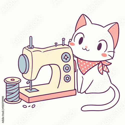 Cute cartoon cat next to sewing machine with spool of thread  