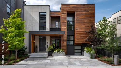 Wallpaper Mural Contemporary multi-story home showcasing innovative design with textured concrete, rich wood, and vibrant foliage Torontodigital.ca