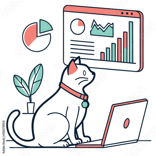 Cat sitting in front of laptop while observing data and charts  