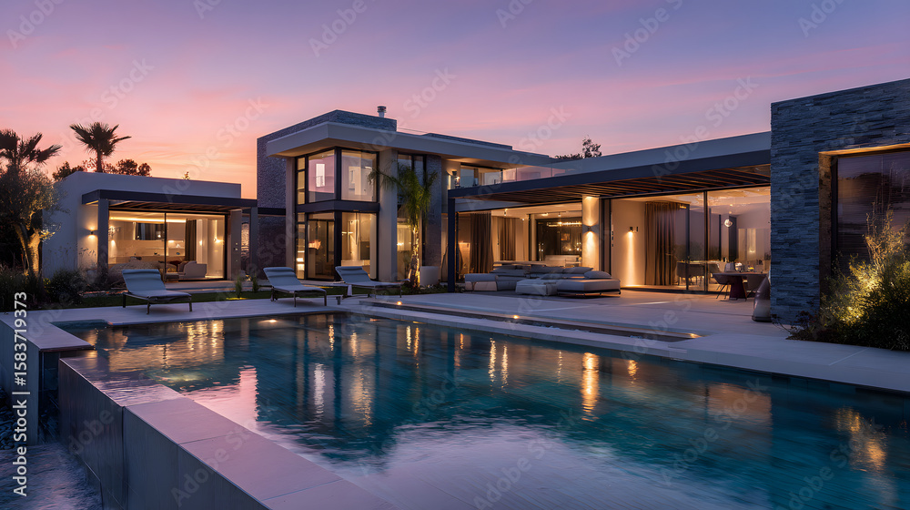 Fototapeta premium Stunning Twilight View of a Contemporary Luxury Home with Illuminated Pool and Vibrant Sunset Sky Reflection
