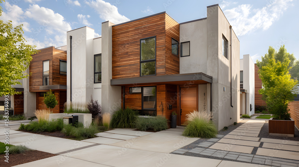 Fototapeta premium Contemporary multi-story townhouses with minimalist design and lush landscaping under a bright sky.