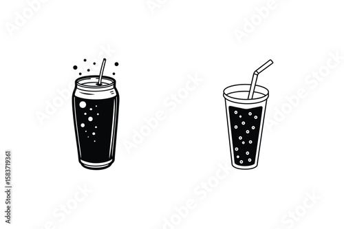 Black soda can and glass with straws drink beverage