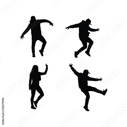 Four Dynamic Hip Hop Dancers Silhouettes Diverse Poses Street Dance Urban Style Vector Illustration
