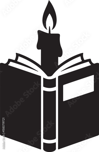 educational logo, book with candle illustration, birthday cake with candles silhouette vector icon.