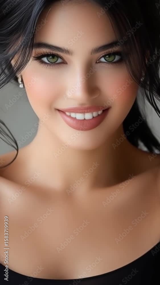 Video portrait of a beautiful woman with smooth skin and expressive eyes. Soft lighting emphasizes her features. Calm, elegant mood with clean background.