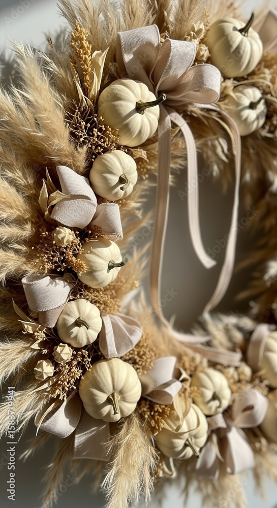 Obraz premium Elegant handmade pampas grass wreath with neutral tones for festive decor