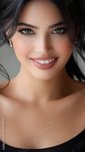Video portrait of a beautiful woman with smooth skin and expressive eyes. Soft lighting emphasizes her features. Calm, elegant mood with clean background.