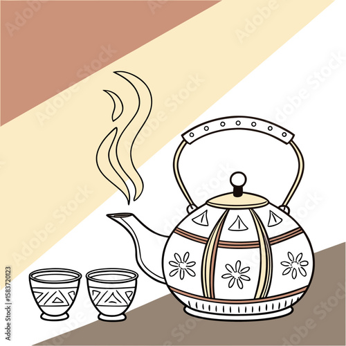 A patterned teapot with two cups, emitting steam, on a colorful background vector