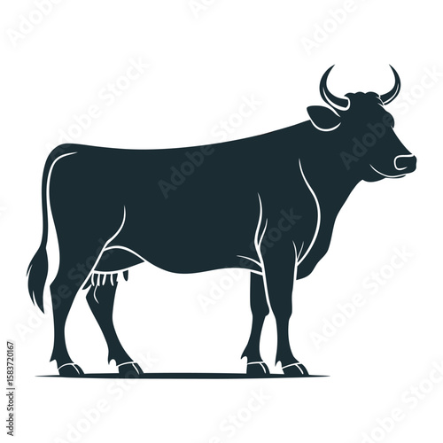 Dark blue silhouette of a cow with horns and udder