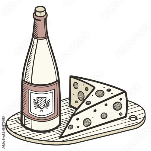 A bottle of wine and a wedge of cheese on a wooden board vector