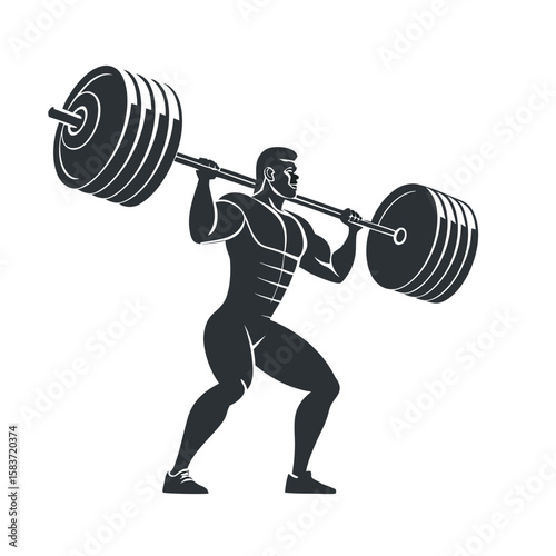 Muscular man lifting heavy barbell overhead weightlifting